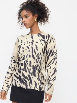 Cider - Knit Leopard Round Neckline Long Sleeve Ripped Oversized Top
