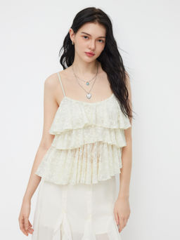 Cider - Lace Sweetheart Neck Layered Ruffle Hem Cami Top