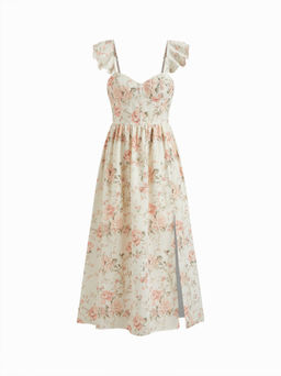 Cider - Floral Sweetheart Neck Side Split Ruffle Dress