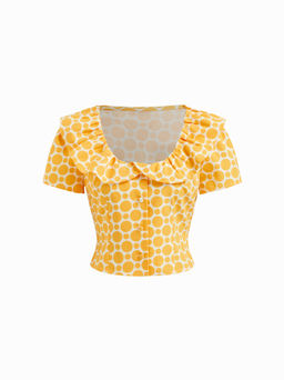 Cider - Linen-blend Collar Polka Dot Blouse