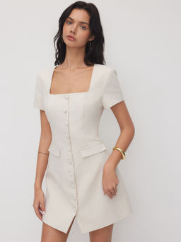 Cider - Linen-blend Square Neck Short Sleeve Mini Dress