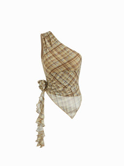 Cider - Mesh Asymmetrical Neck Check Rosette Top