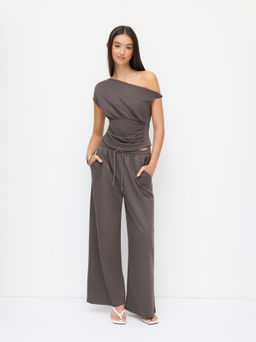 Cider - Cotton-blend Asymmetrical Neck Twist Ruched Top & Mid Rise Drawstring Trousers