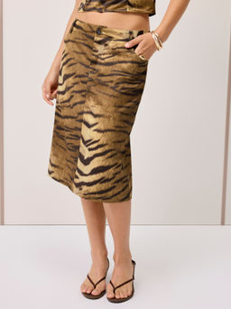 Cider - Tiger Print Low Rise Split Side Midi Pencil Skirt