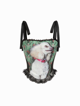 Cider - Dog Graphic Floral Square Neck Lace Trim Knotted Cami Top