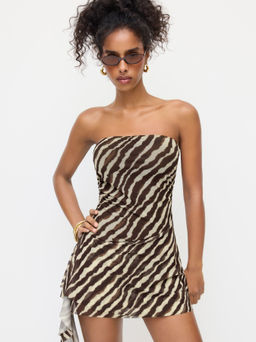 Cider - Mesh Zebra Striped Draped Ruched Bandeau Mini Dress
