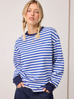 Cider - Cotton Striped Fish Embroidery Contrasting Binding Long Sleeve Tee