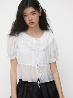 Cider - Ruffle Trim Knotted Puff Sleeve Blouse