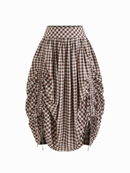Cider - Multi-way 100% Cotton Mid Rise Gingham Drawstring Ruffle Hem Skirt