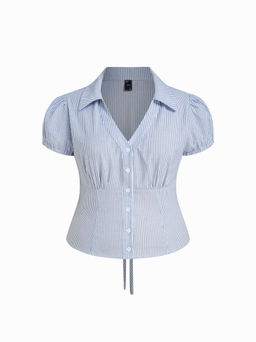 Cider - Cotton-blend V-neck Stripe Tie Back Shirt Curve & Plus
