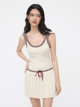 Cider - Knit U-neckline Contrasting Binding Stripe Drawstring Pleated Mini Dress