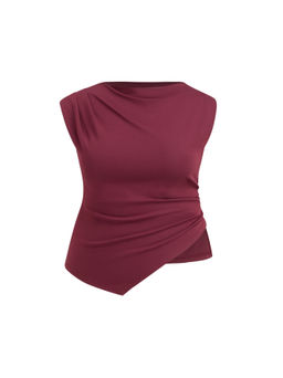 Cider - Cotton-blend Cowl Neck Asymmetrical Hem Ruched Top Curve & Plus