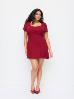 Cider - Cotton-blend Square Neckline Lace Trim Bowknot Mini Dress Curve & Plus