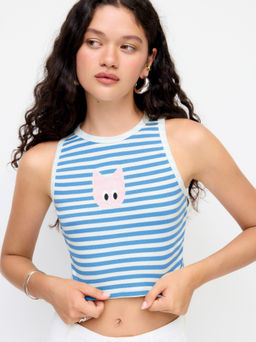 Cider - Cotton-blend Stripe Cat Graphic Round Neckline Crop Tank Top