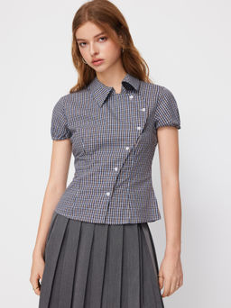 Cider - 100% Cotton Plaid Collar Asymmetrical Button Puff Short Shirt