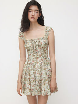 Cider - Cotton Sweetheart Neckline Rose Print Ruffle Knotted Mini Dress