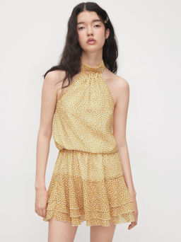 Cider - Chiffon Halter Neckline Ditsy Floral Ruffle Layered Mini Dress