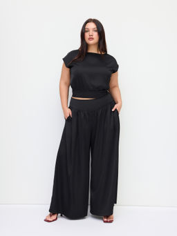 Cider - Round Neckline Knotted Top & Mid Rise Pocket Wide Leg Trousers Curve & Plus