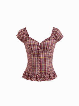 Cider - Sweetheart Tartan Ruched Lettuce Trim Layered Blouse