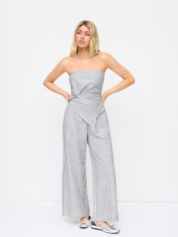 Cider - Cotton-blend Stripe Asymmetrical Hem Ruched Shirred Wide Leg Bandeau Jumpsuit