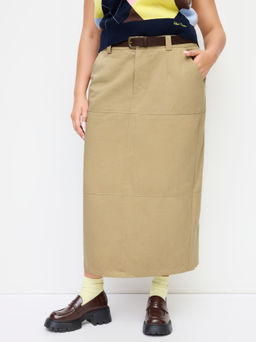 Cider - Cotton-blend Mid Rise Split Skirt With Belt Curve & Plus