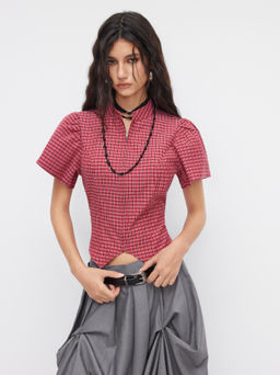 Cider - Plaid Stand Collar Short Sleeve Asymmetrical Hem Zip Through Blouse