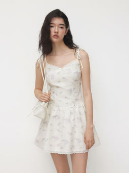 Cider - V-neck Floral Lace Trim Bowknot Mini Dress