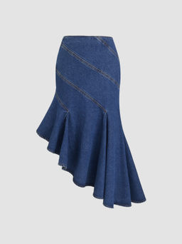 Cider - Denim Mid Rise Asymmetrical Ruffle Hem Mermaid Midi Skirt