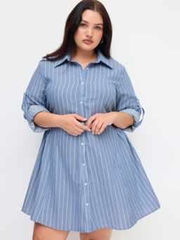 Cider - Cotton-blend Polo Neck Stripe Ruched Mini Dress Curve & Plus