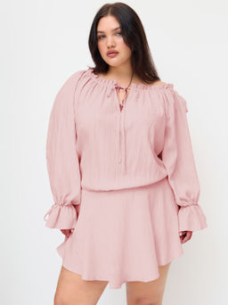 Cider - Asymmetrical Neck Lettuce Trim Drawstring Knotted Mini Dress Curve & Plus