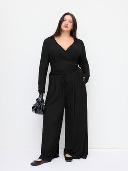 Cider - V-neck Wrap Knotted Long Sleeve Top & Mid Rise Straight Leg Trousers Curve & Plus