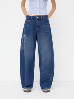 Cider - Denim Low Rise Bowknot Rhinestone Barrel-leg Jeans