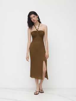 Cider - Halter Neckline Jacquard Beaded Split Dress