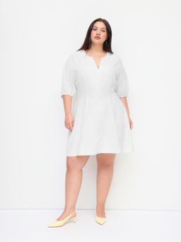 Cider - Linen-blend V-neck Lantern Mid-length Sleeve Mini Dress Curve & Plus