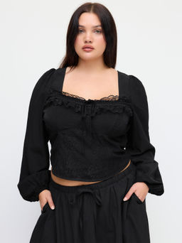 Cider - Square Neck Solid Lace Corset Shirred Knotted Long Sleeve Blouse Curve & Plus