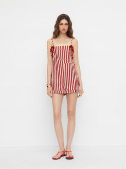 Cider - Square Neck Stripe Knotted Roll Hem Romper