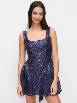 Cider - Sequin Square Neck Backless Bowknot Ruffle Mini Dress