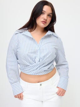 Cider - 100% Cotton Polo Stripe Knotted Crop Shirt Curve & Plus