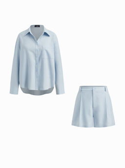 Cider - Linen-blend Polo Neck Long Sleeve Blouse & Mid Rise Shorts