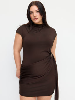 Cider - High Neck Metal Detail Ruched Mini Dress Curve & Plus