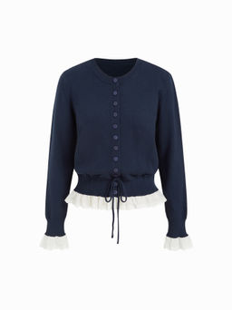 Cider - Knit Two Tone Ruffle Trim Drawstring Knotted Cinched Waist Cardigan