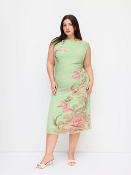 Cider - Asymmetrical Neck Floral Ruched Lettuce Trim Dress Curve & Plus