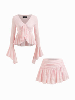 Cider - Lace V-neck Pointelle Bell Sleeve Crop Top With Ruched Mini Skirt