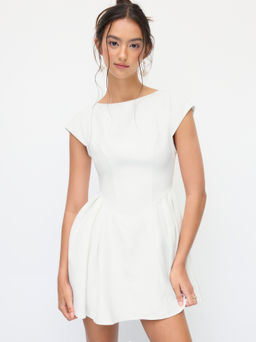 Cider - Boat Neck Short Sleeve Cut Out Backless Ruffle Mini Dress