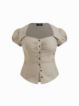 Cider - 100% Cotton Collar Stripe Belted Short Sleeve Blouse Curve & Plus