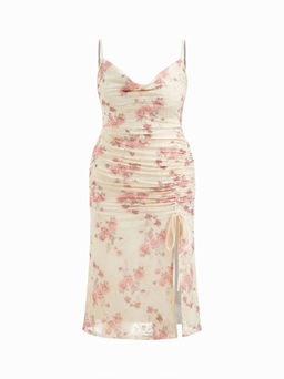 Cider - Mesh Cowl Neck Floral Drawstring Ruched Dress Curve & Plus