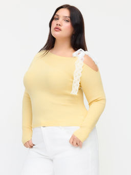 Cider - Knit Asymmetrical Neck Lace Knotted Long Sleeve Top Curve & Plus