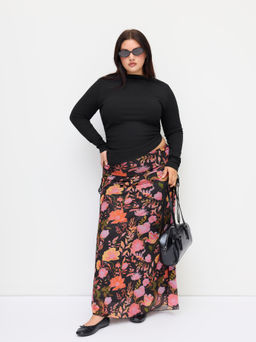 Cider - Ruched Long Sleeve Top & Mid Rise Floral Knotted Maxi Skirt Curve & Plus