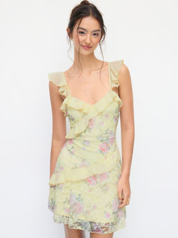 Cider - Lace Floral Sweetheart Neck Ruffle Trim Cami Mini Dress