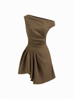 Cider - Asymmetrical Neck Check Ruched Pleated Tie Back Mini Dress
